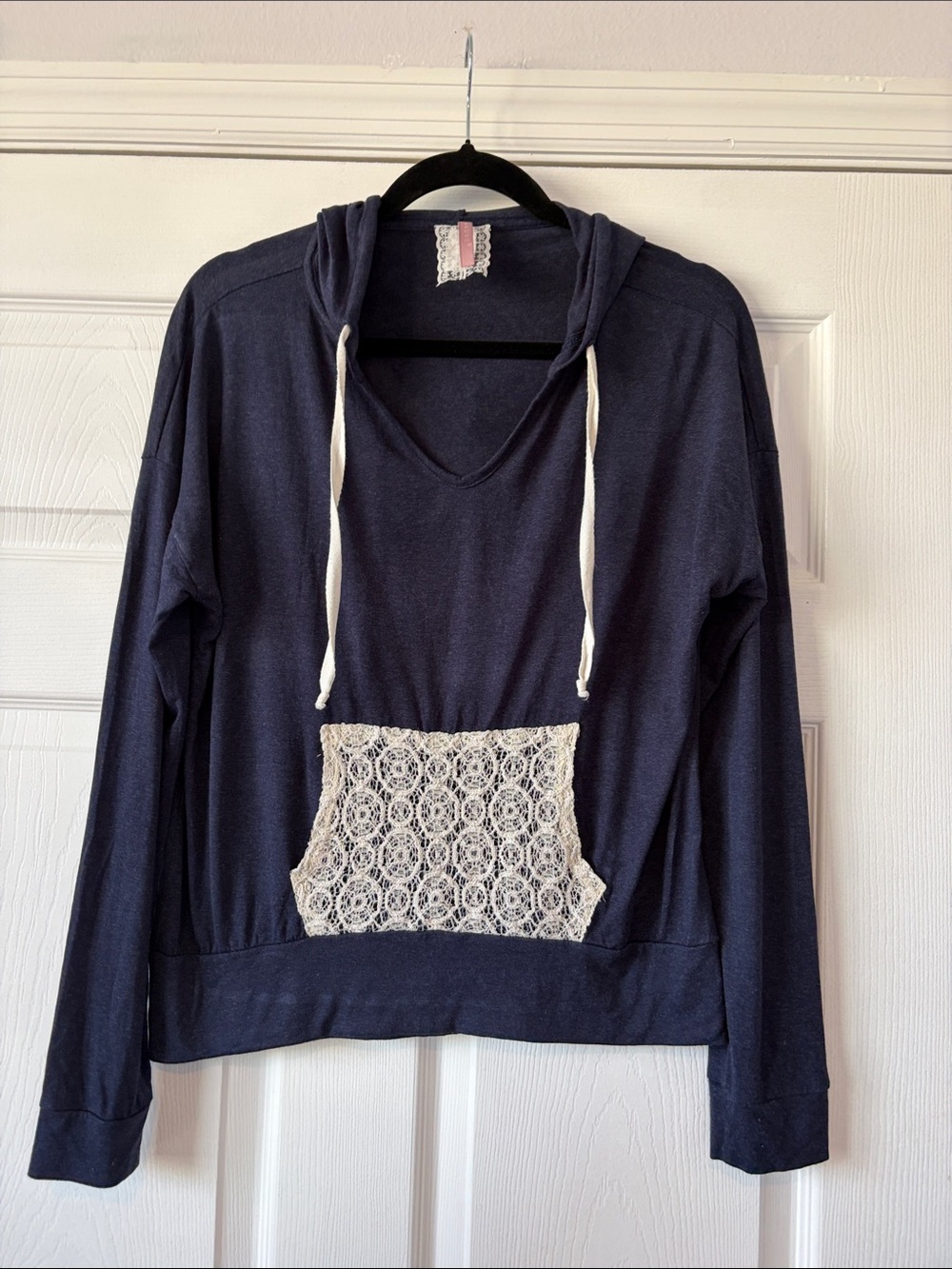Maeve Navy Hoodie not faded with Cream Lace Pocket size medium